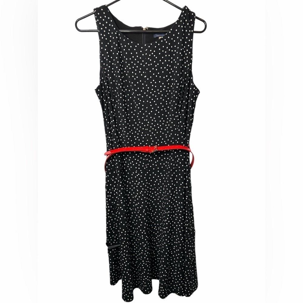 Tommy Hilfiger Black Sleeveless Polka Dot Dress Red Belt NWOT